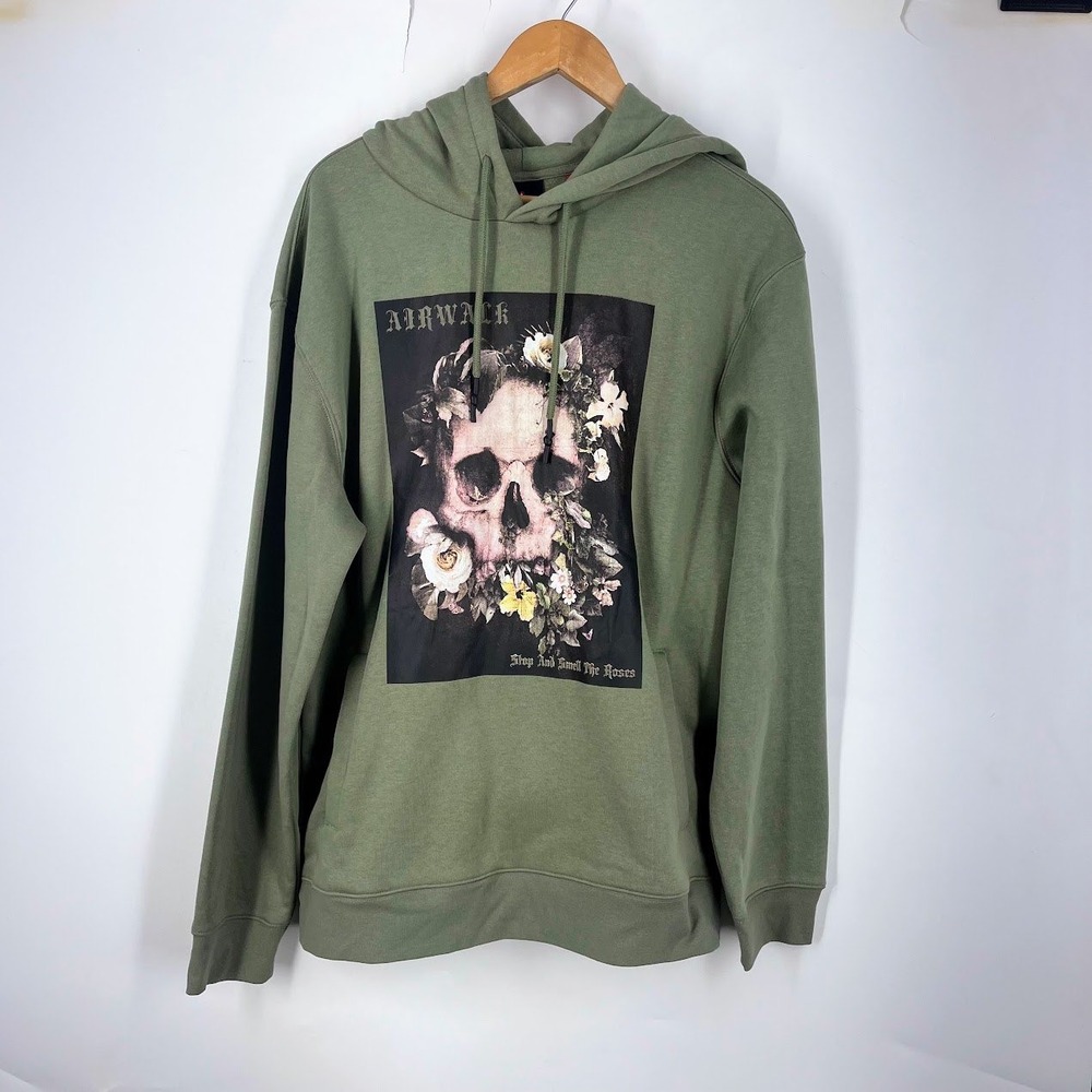 Airwalk Mens Olive Green Skull Rose Graphic Hoodie Pullover Sweatshirt Large